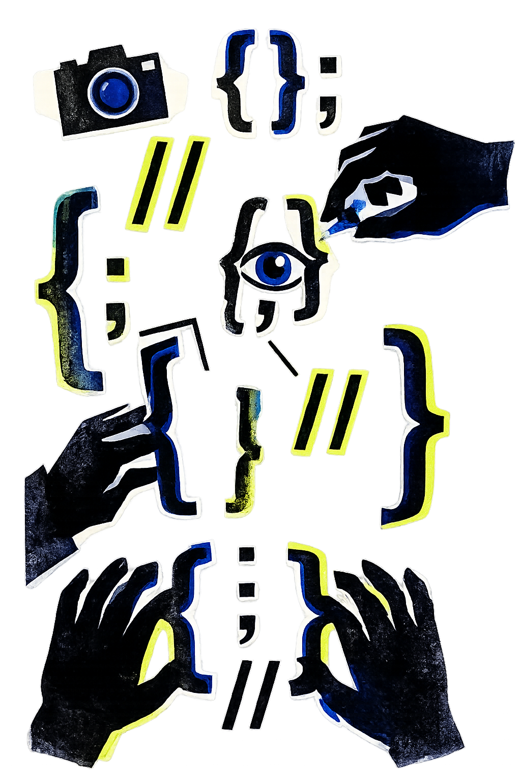 Collage-style visual composition with hands, brackets, punctuation marks, and visual research motifs