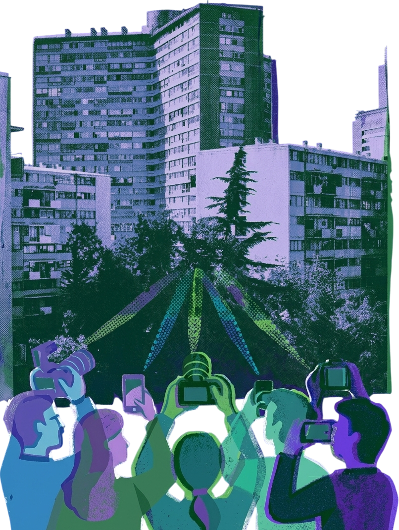 Collage-style image related to research interests in urban life, visual methods, and social observation