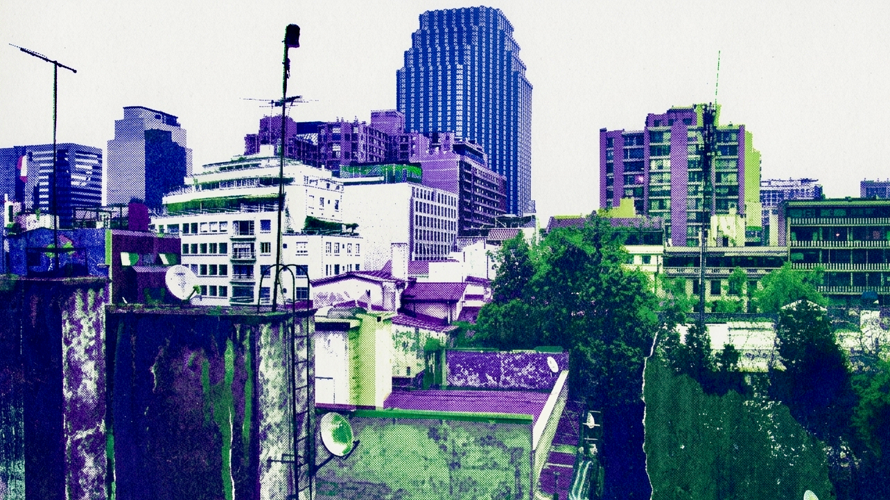 Urban visual composition of Santiago de Chile in blue, green, and violet tones