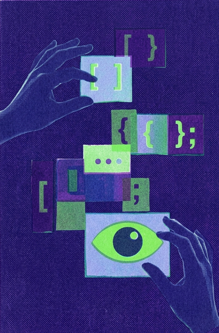 Illustrated hands arranging floating blocks with coding symbols, brackets, punctuation marks, and a green eye on a dark purple background.